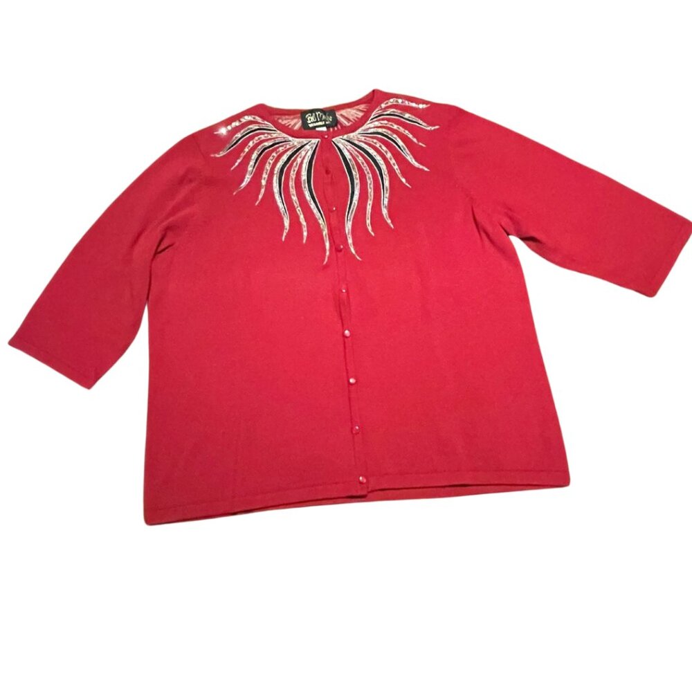 VINTAGE BOB MACKIE WOMENS RED AND BLACK SEQUIN BUTTON UP CREWNECK KNIT CARDIGAN